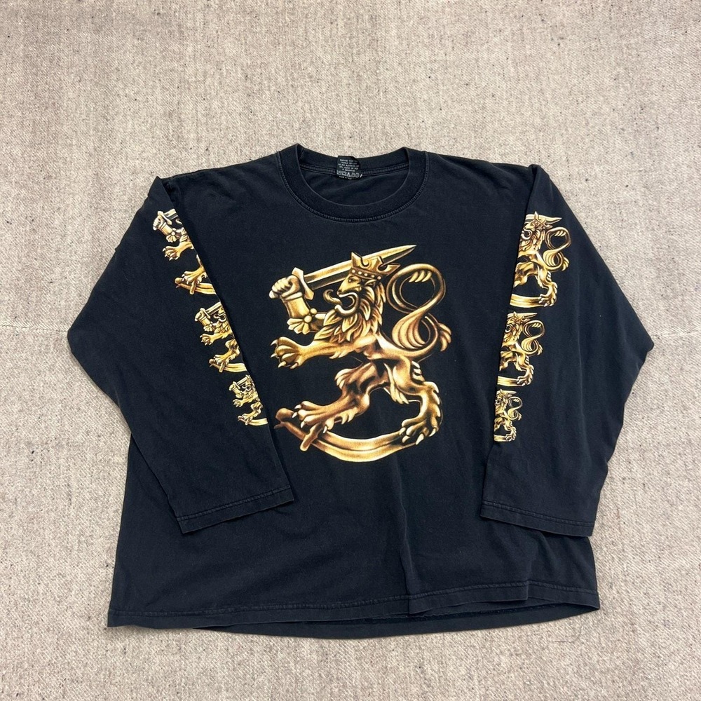 Vintage Lion Shirt Mens XL Black 2000s Y2K Long Sleeve Royal King Gold
